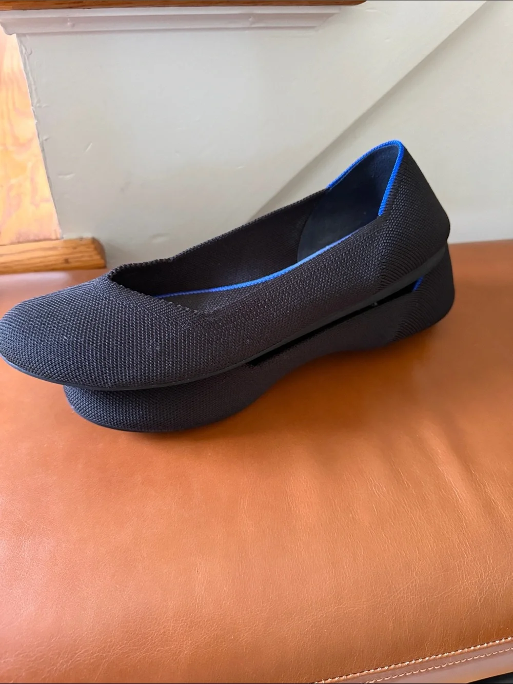 Rothy's Black Knit Slip-On Flats with Blue Trim
